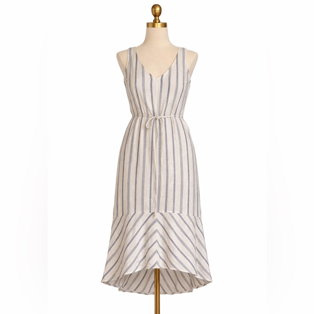 Drew Anthropologie Blue & White Striped Linen Blend Hi-Low Dress Small | Resort - Picture 3 of 5